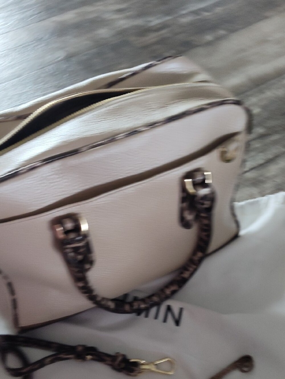 Brahmin Cream Leather Satchel with Leopard Trim and Gold Hardware - Picture 5 of 7